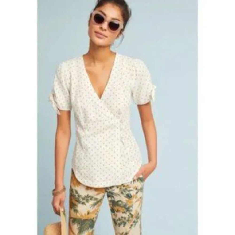 Anthropologie Maeve Louise Blouse Cream Polka Dot Wrapped Linen Women Size 14